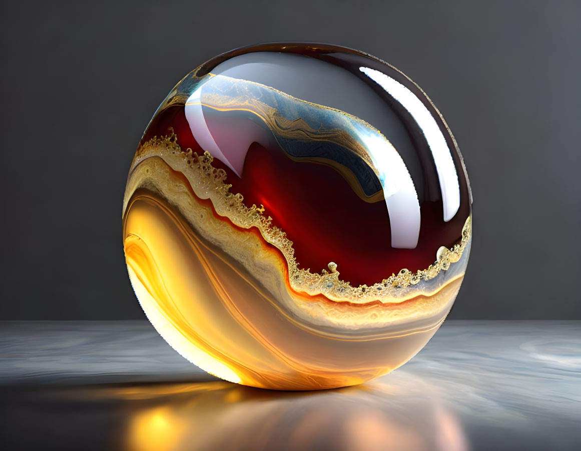 Swirling red, gold, and white glass sphere on smooth surface