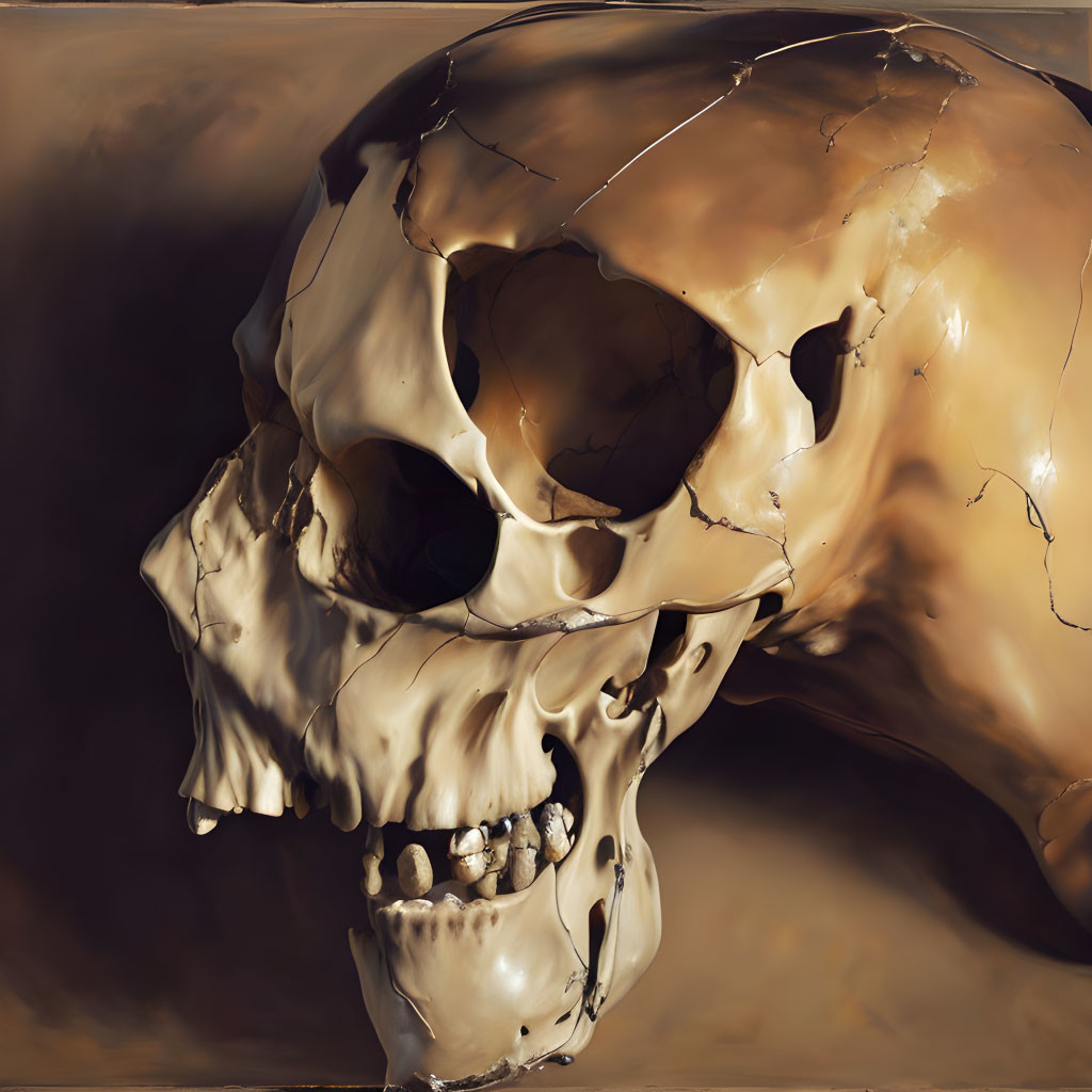 Exaggerated human skull with metallic finish in dark setting