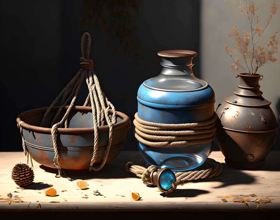 Rustic pottery, glass jar, pinecone, leaves on wooden surface & soft lighting