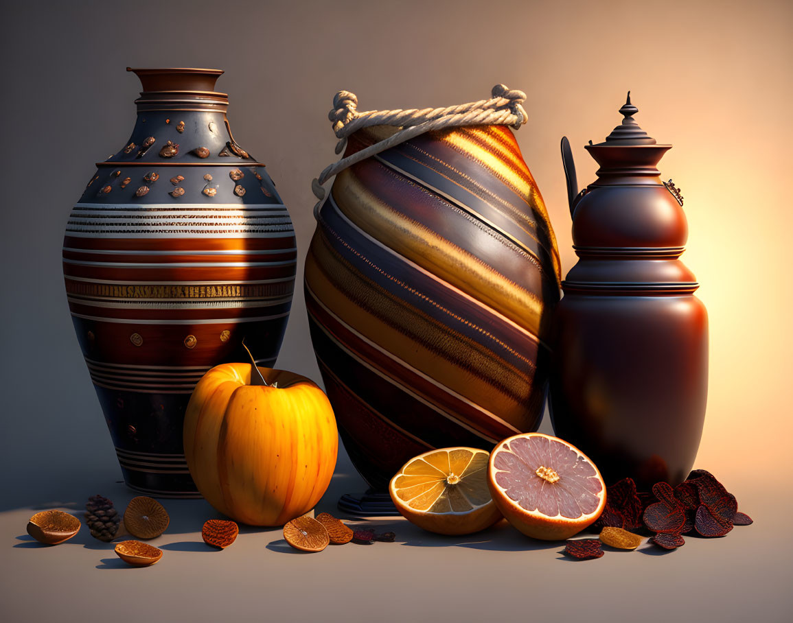 Three decorative vases, pumpkin, oranges, dry leaves, and coins on warm backdrop