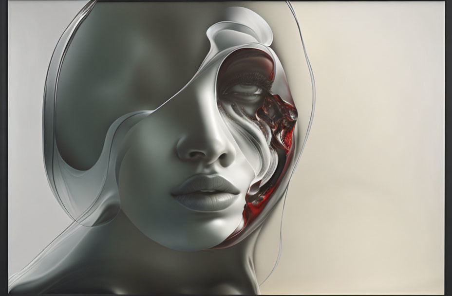 Abstract humanoid portrait with glossy, fragmented face revealing intricate mechanical parts.