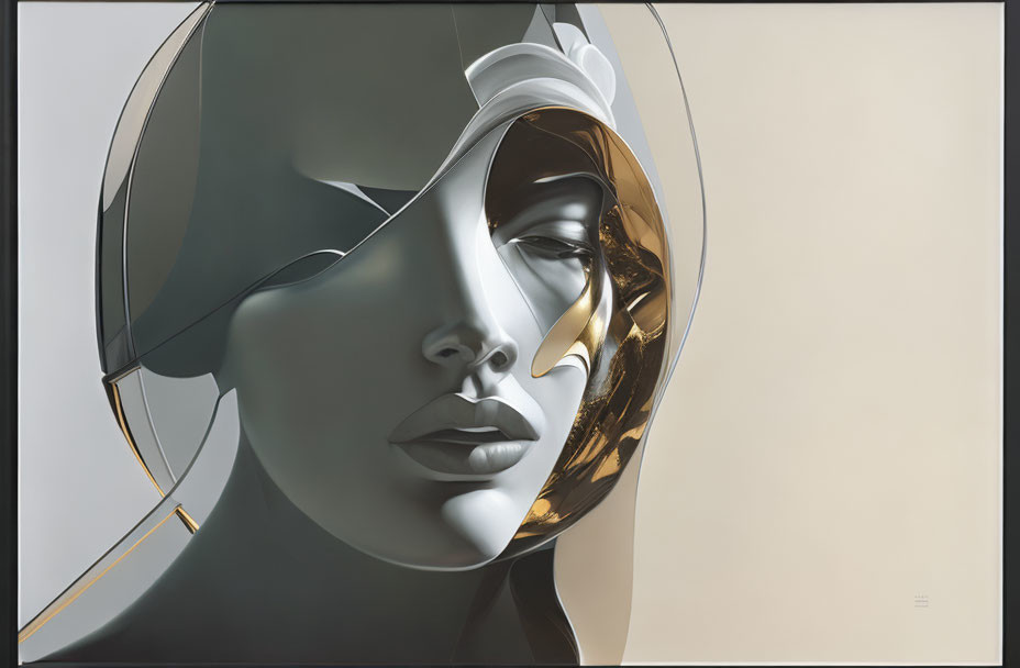 Futuristic woman's face artwork with metallic features in circular frame