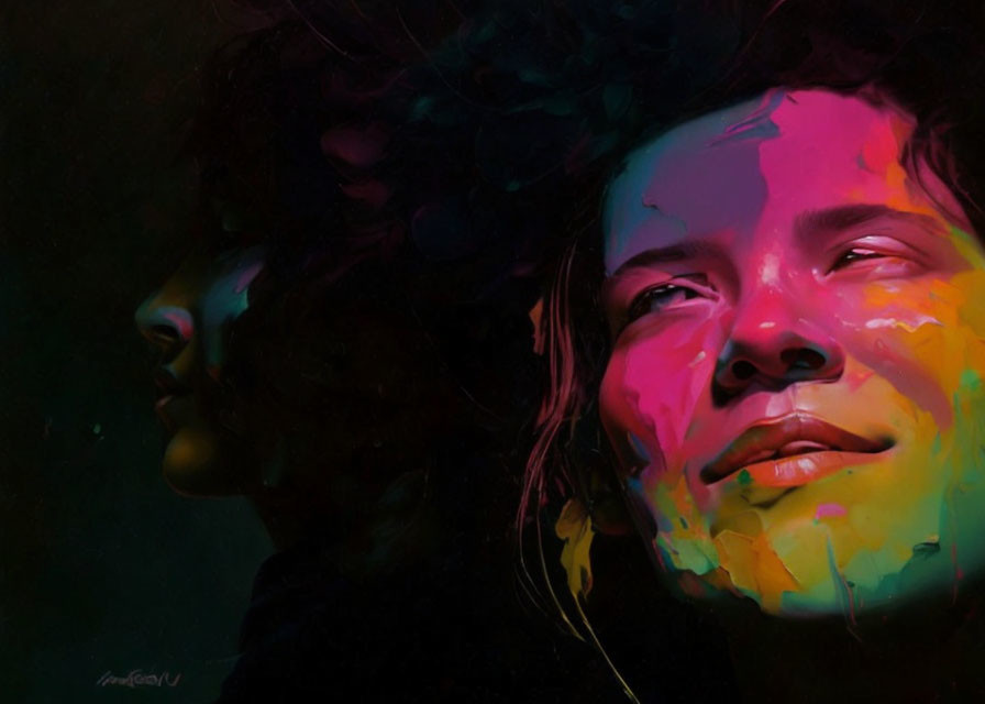 Colorful dual portrait with contrasting expressions against dark backdrop