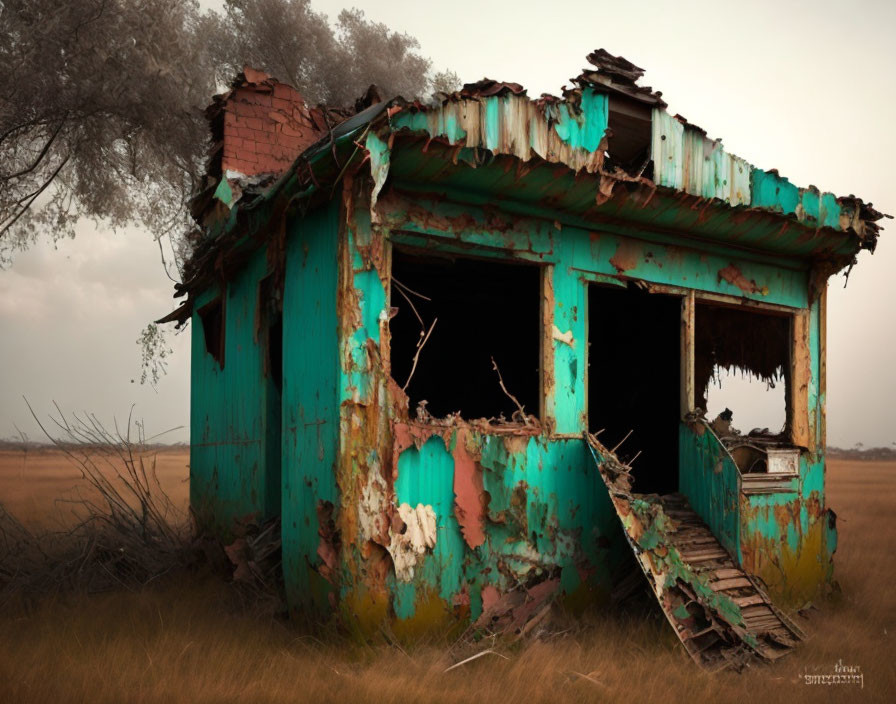 Abandoned teal building with corroded roof and broken windows