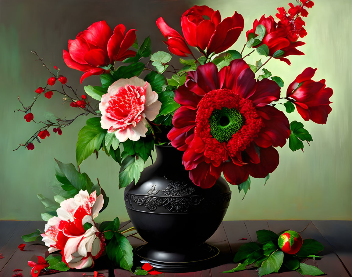 Red and White Flowers Still Life with Gerbera in Black Vase