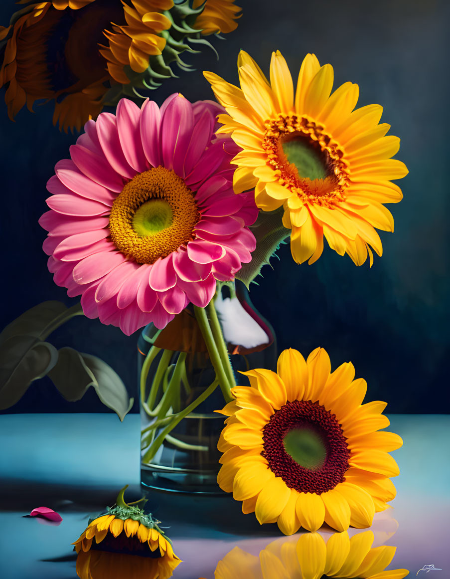 Colorful still life painting with pink and yellow sunflowers in clear vase