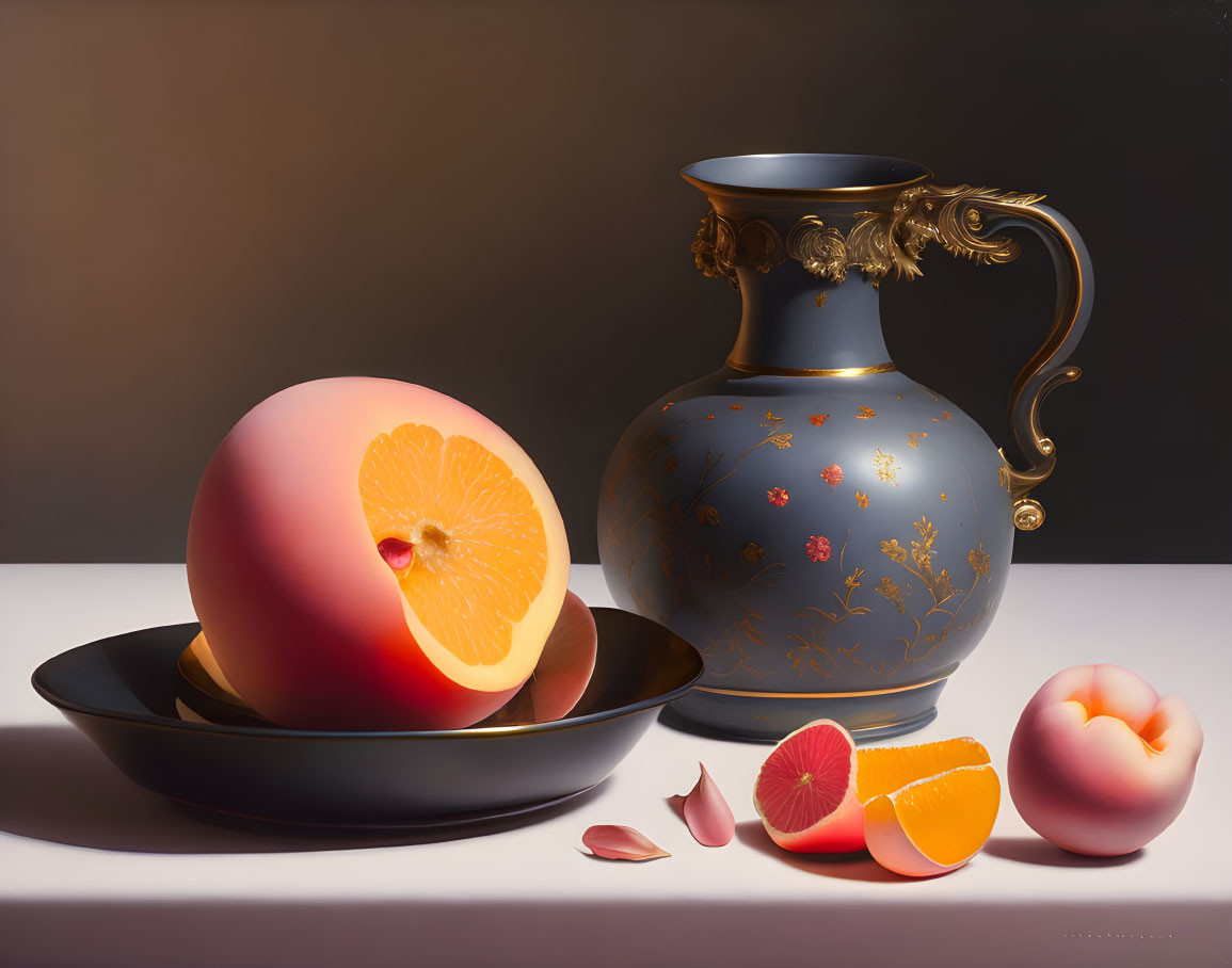 Peach-themed still life painting with dark plate and blue vase