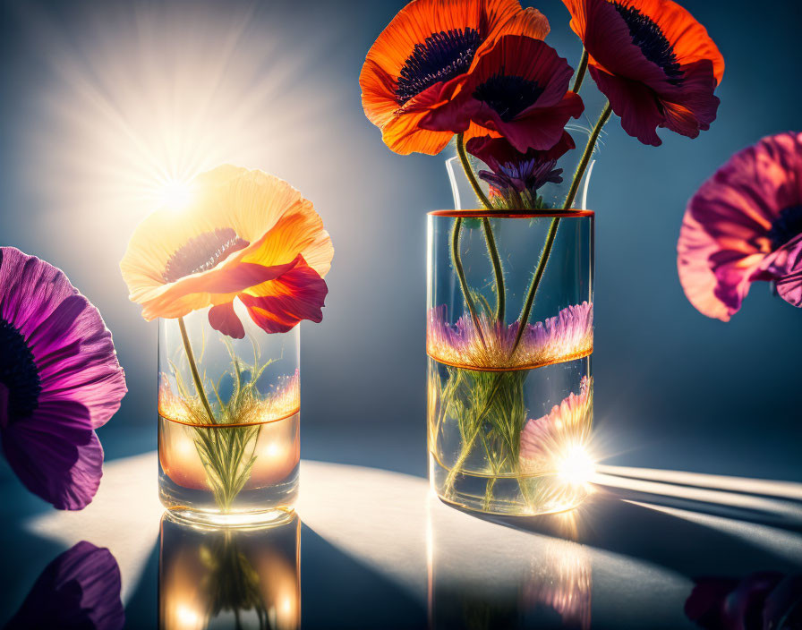 Bright poppies in glass vases with sun rays, shadows, and highlights