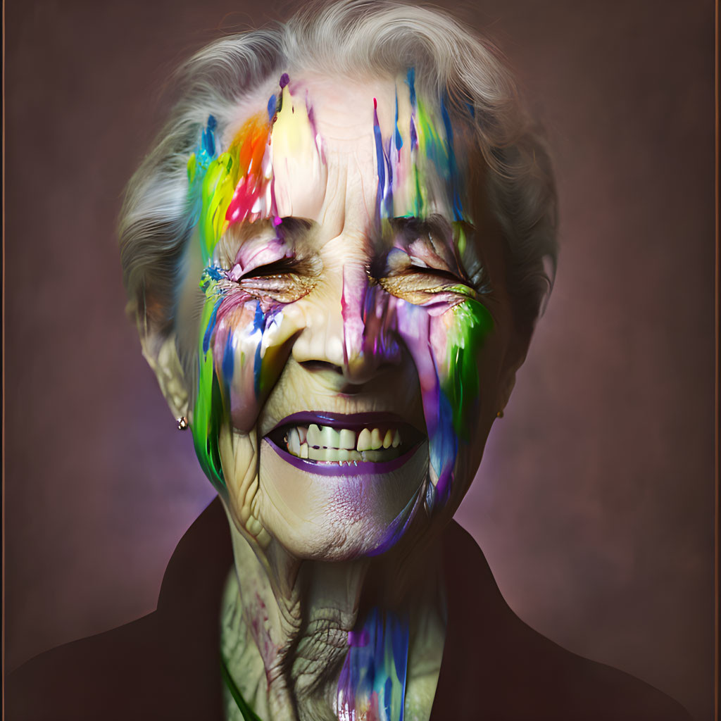 Colorful paint drips on smiling elderly woman against brown background