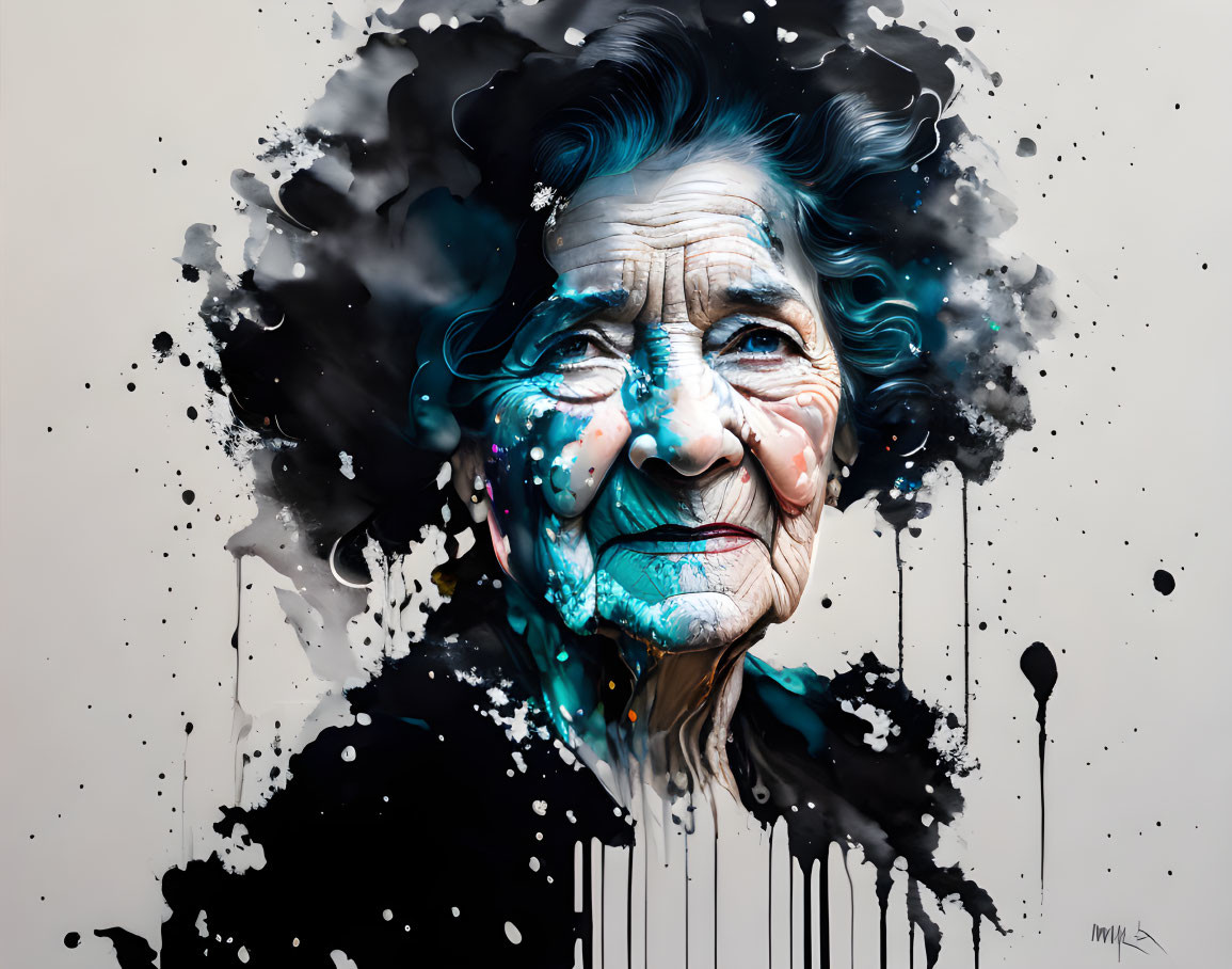 Elderly woman's face with vibrant ink splashes blending realism and abstraction