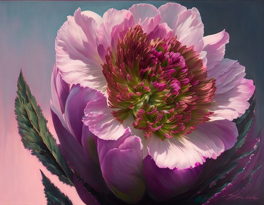 Detailed Painting of Large Pink Peony with Ruffled Stamens