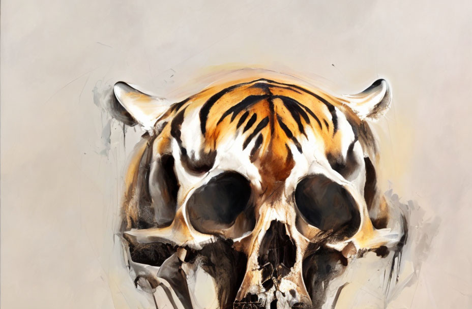 Tiger Skull Artwork with Fur Pattern Stripes on Neutral Background