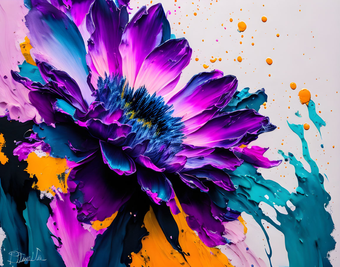 Colorful Abstract Flower Painting with Purple, Blue, and Orange on White Background