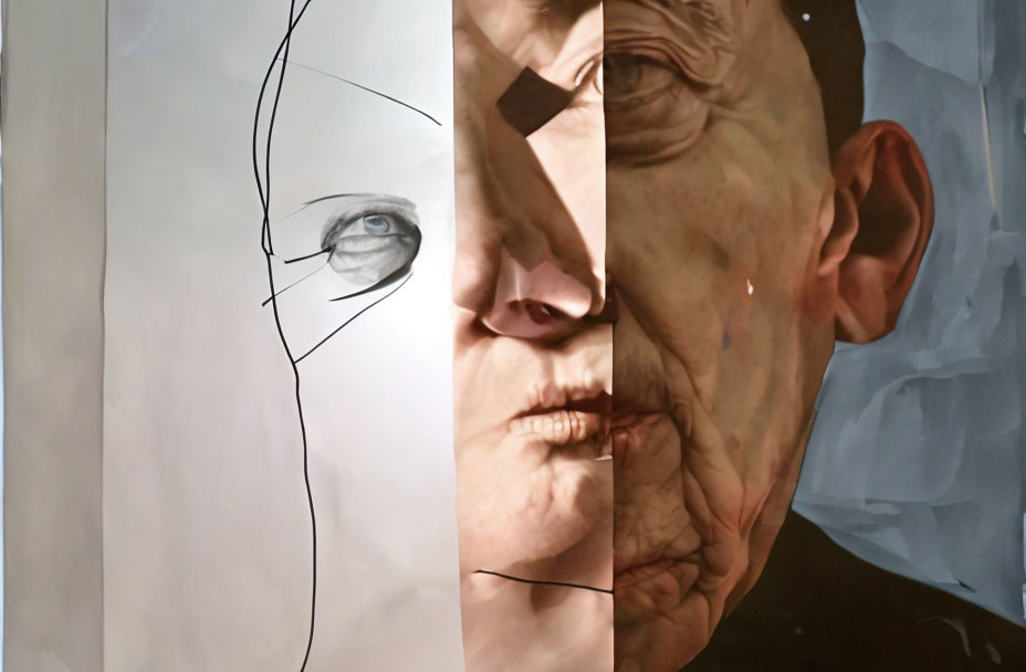 Artwork featuring split sections: sketched eye on left, realistic man's face on right