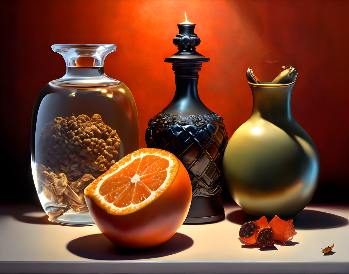 Sliced orange and reflective vases on red background