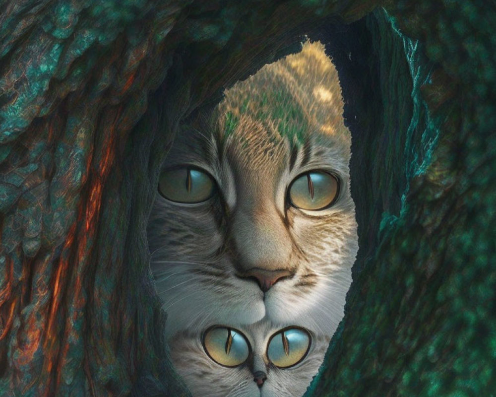 Digital image of cat's face merged with cave entrance, forming illusion of feline features in rocky landscape