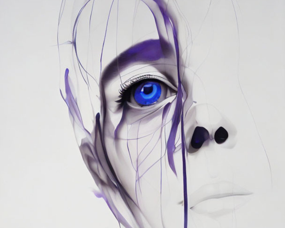 Abstract Face Art with Prominent Blue Eye and Purple Movement Lines