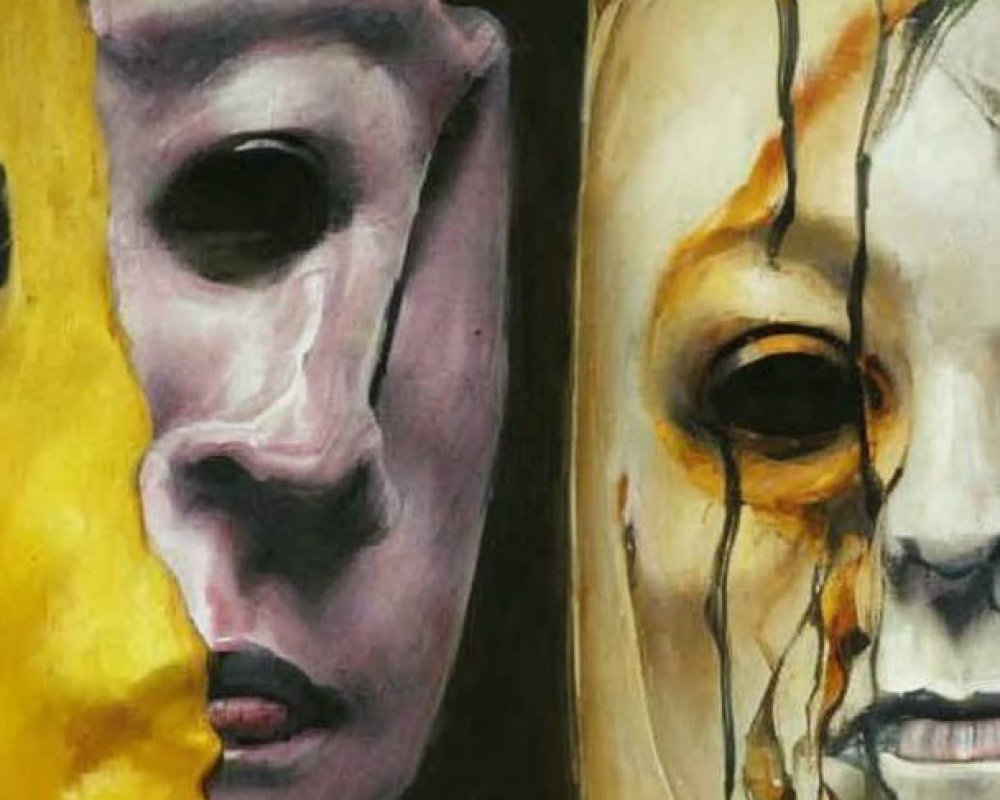 Abstract painting with two distorted faces: one yellow with a dark void eye, the other pale with crack