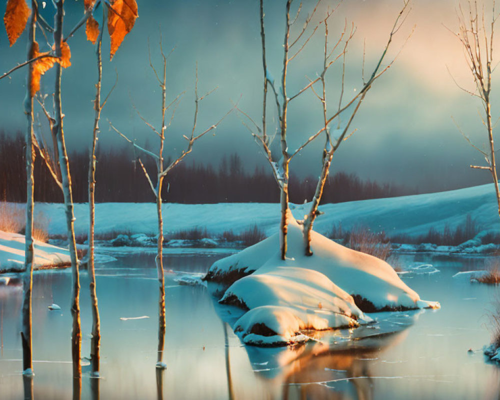 Snowy Winter Landscape with Bare Trees and Frozen River