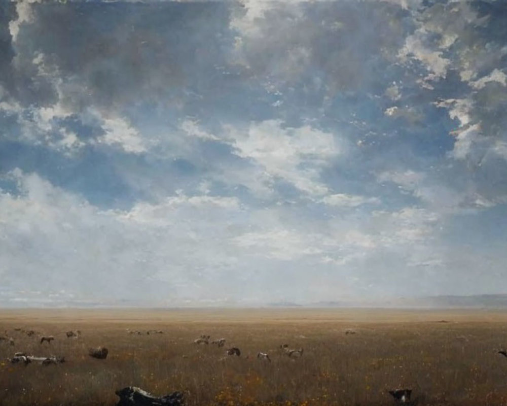 Wide Open Plain with Grazing Animals Under Cloudy Sky