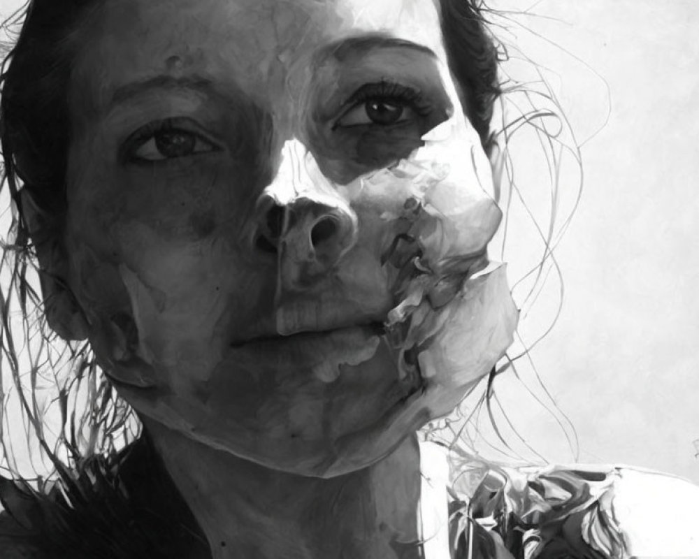 Monochrome artwork of woman with surreal melting effect on face