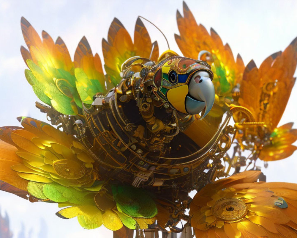 Mechanical Parrot on Golden Sunflower Petals in Cloudy Sky