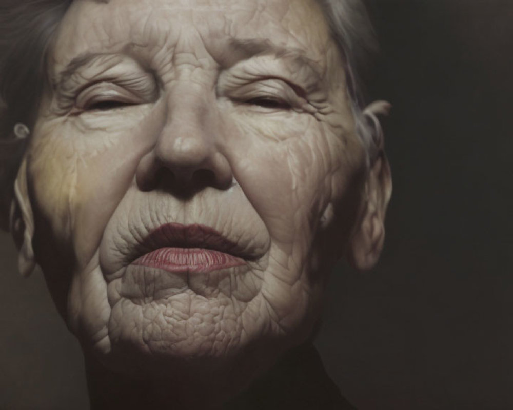 Elderly woman with closed eyes smiling, wrinkled skin and serene expression