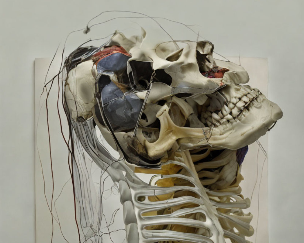 Colorful chaotic web adorns human skull in skeletal structure