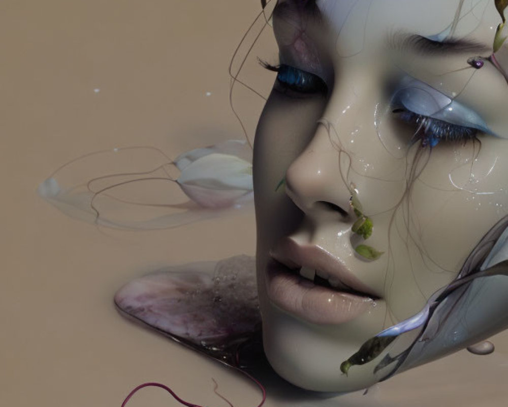 Surreal female face emerging from liquid with flowers and colors