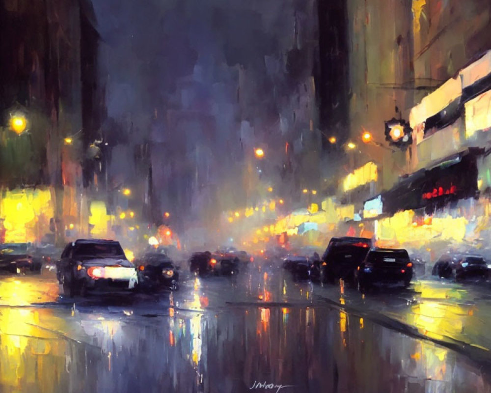 Colorful oil painting of rainy city street at night with vibrant reflections.