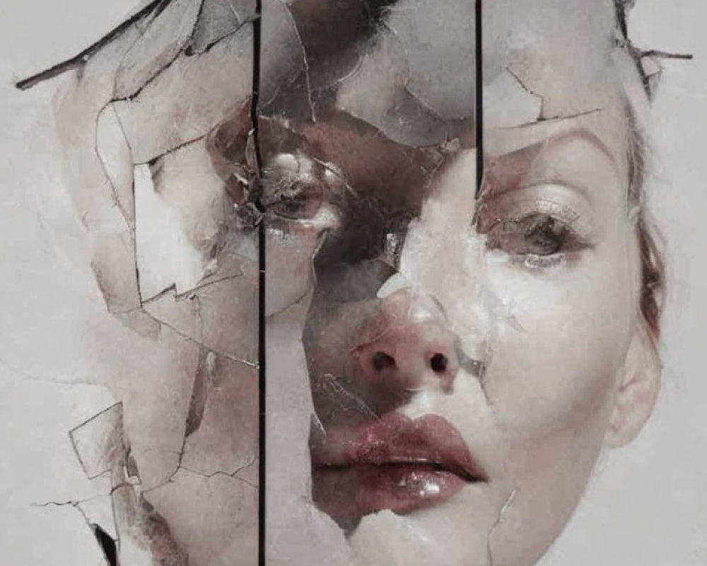 Fragmented woman's face in broken-glass effect symbolizes fragility and complexity