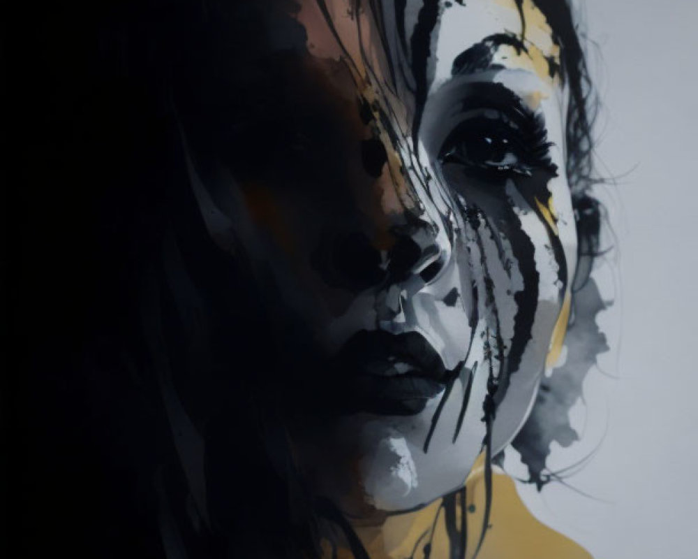 Moody digital painting of a woman with dark, dripping paint for abstract and somber effect