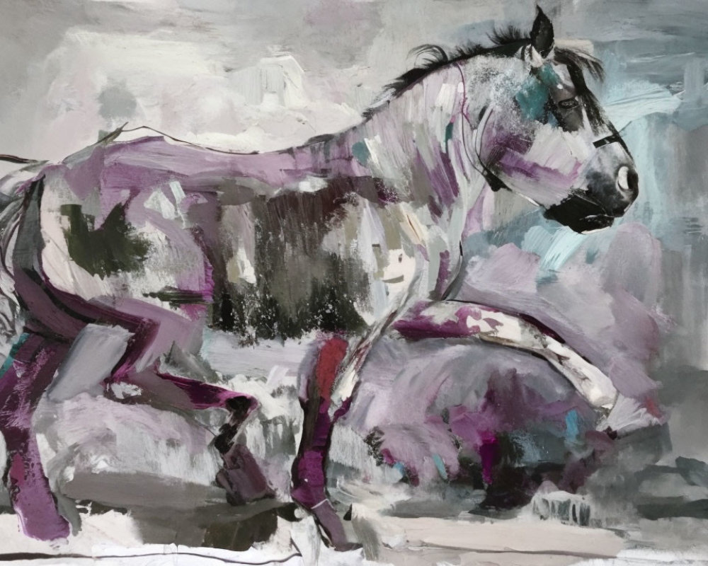 Dynamic Purple, Gray & White Abstract Horse Painting with Movement