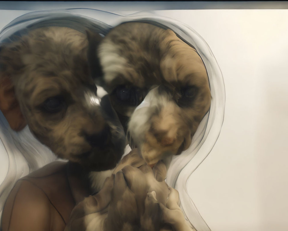 Distorted reflection of two puppies through textured glass