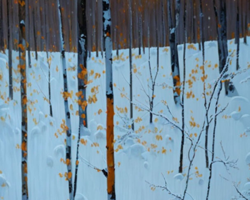 Snowy forest landscape with slender trees and orange leaves at sunset