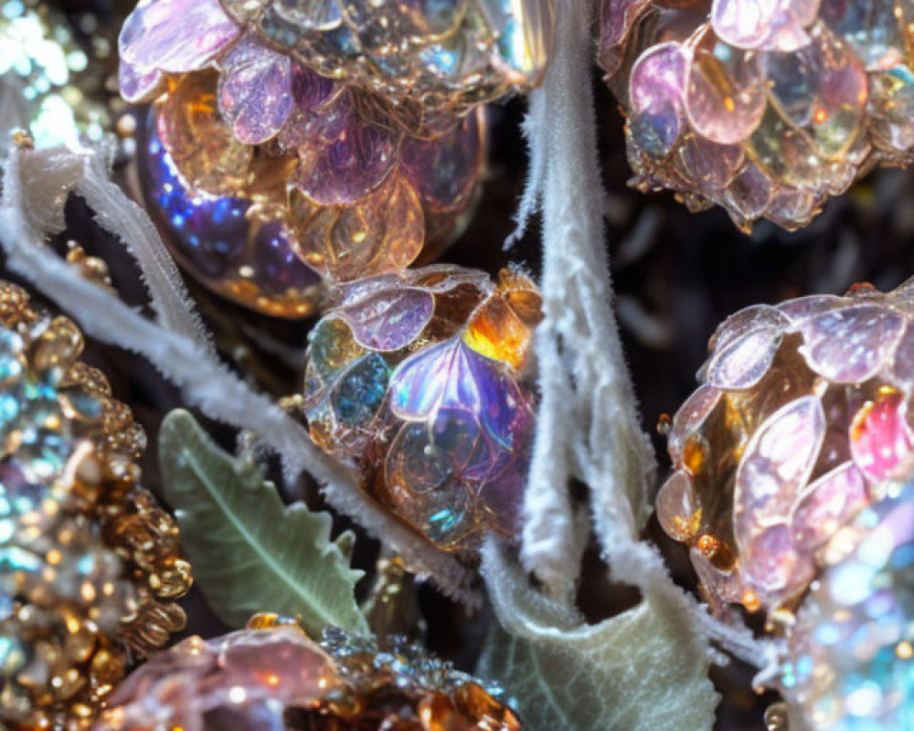 Iridescent artificial berries with furry stem and glittering embellishments