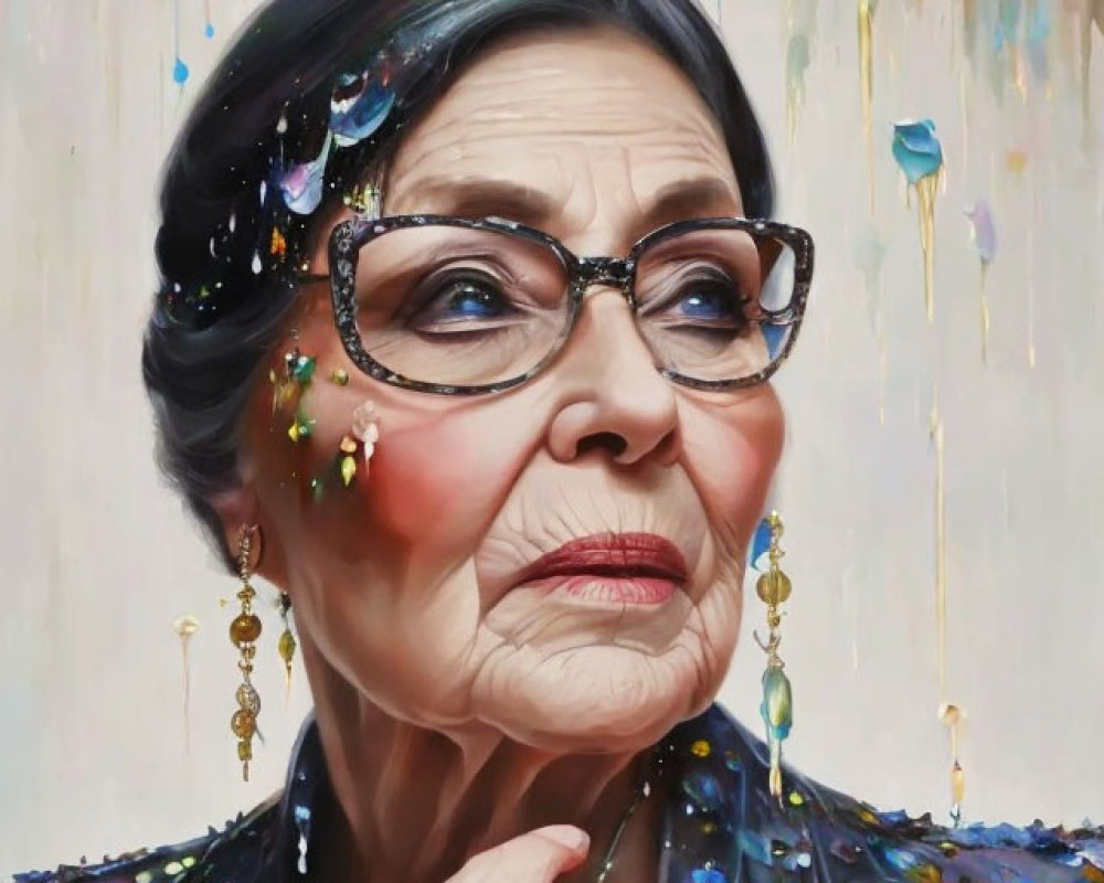 Elderly woman portrait with glasses and sparkling accessories against colorful paint backdrop