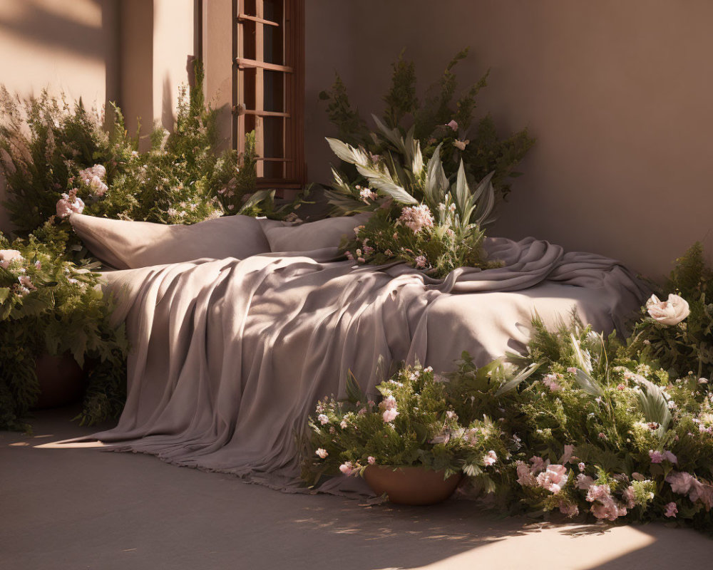 Botanical Bedroom Scene with Greenery and Pink Blooms