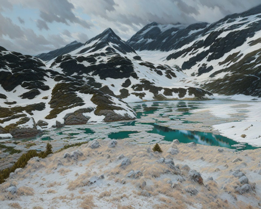 Snowy peaks and frozen lakes in serene mountain landscape