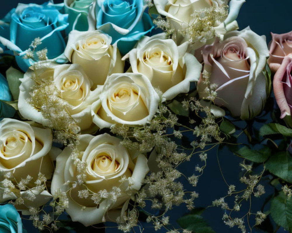 Cream, Blue, and Pink Roses with Baby's Breath on Dark Background