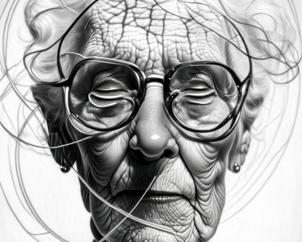 Detailed Hyperrealistic Black and White Elderly Woman Illustration