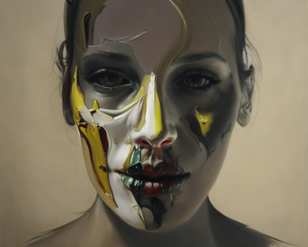 Artistic portrait of a woman with melting wax-like face and blending skin tones.