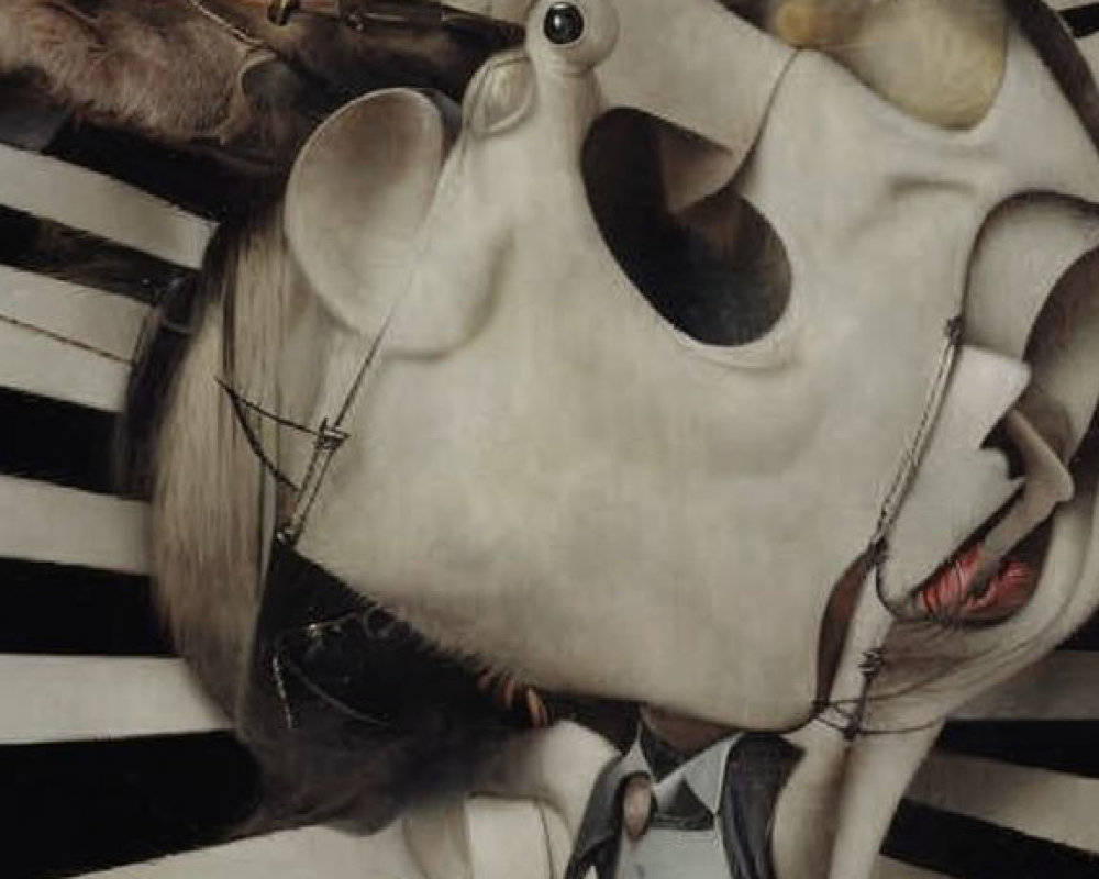 Surrealistic humanoid figure with cow-like head in monochrome striped background