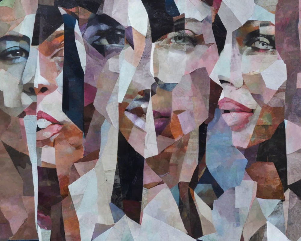 Colorful geometric portrait with overlapping faces.