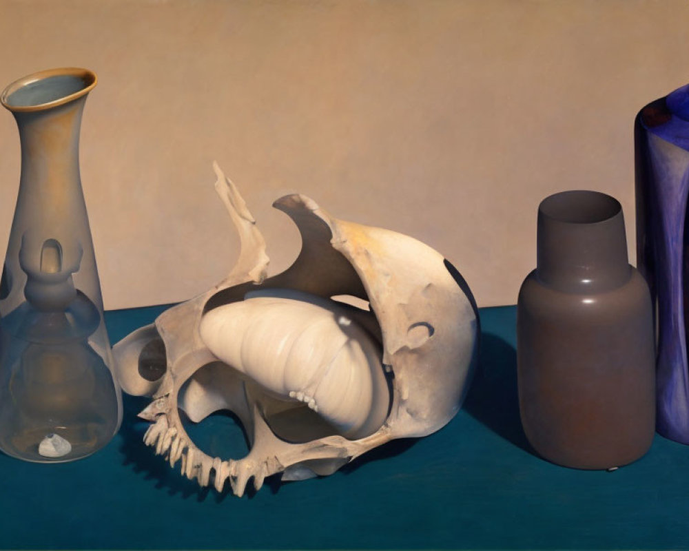 Skull, Glass, and Vases Arranged in Still Life Painting