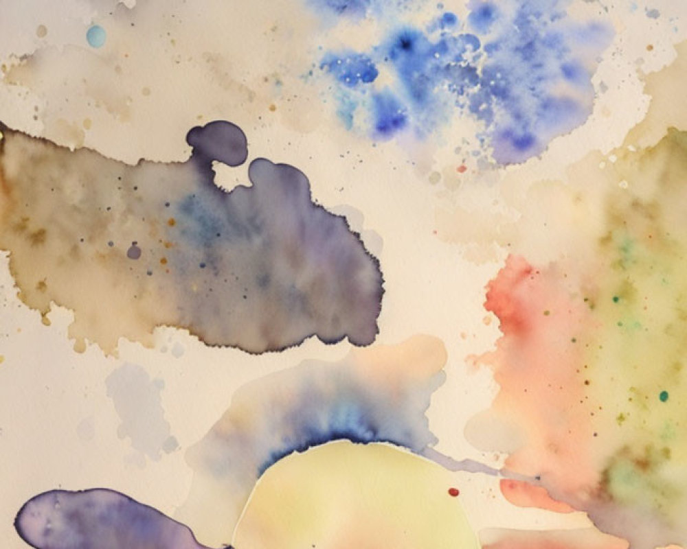 Colorful Abstract Watercolor Painting in Blue, Brown, Red, Yellow, and Purple Hues