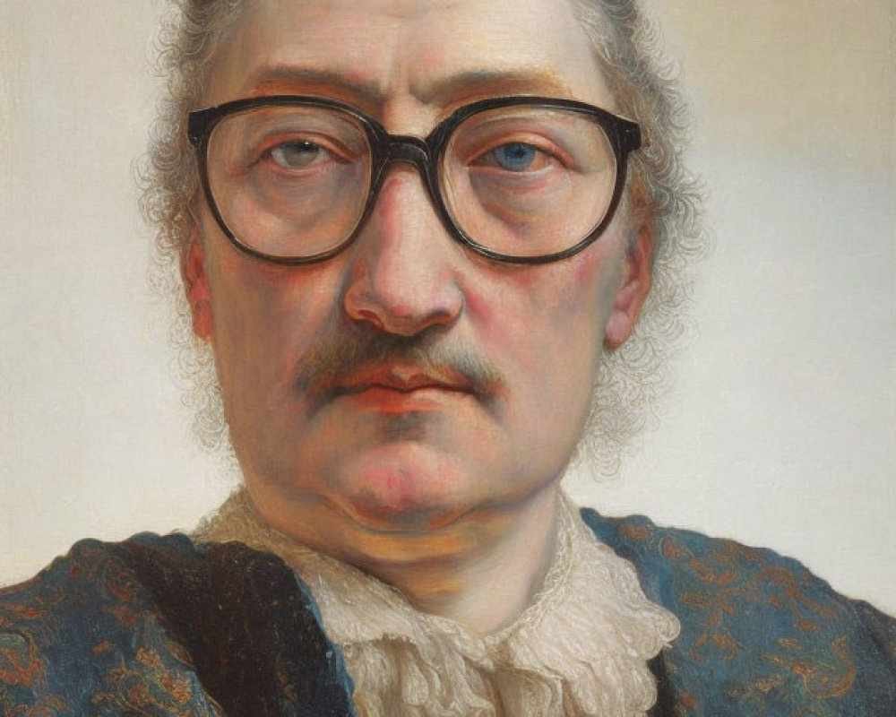 Portrait painting of person with round glasses, curly hair, mustache, patterned jacket, and r