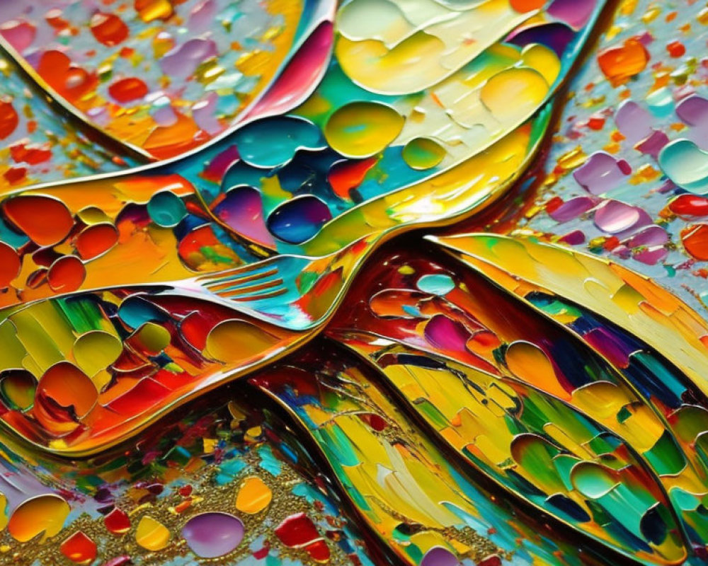 Colorful Abstract Painting with Butterfly-Like Pattern and Textured Droplets