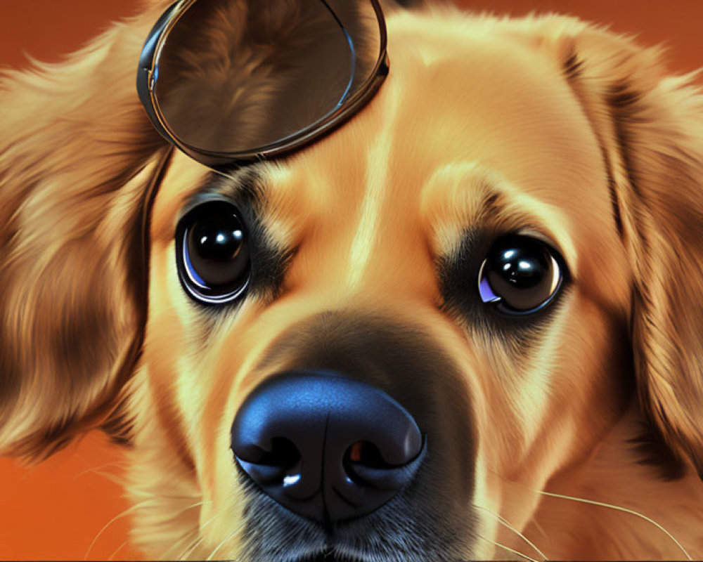 Golden retriever digital illustration with round glasses lens on forehead