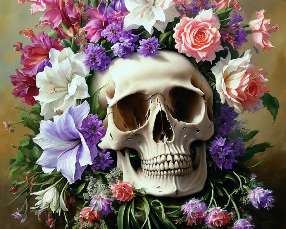 Skull with colorful flowers symbolizing life and death